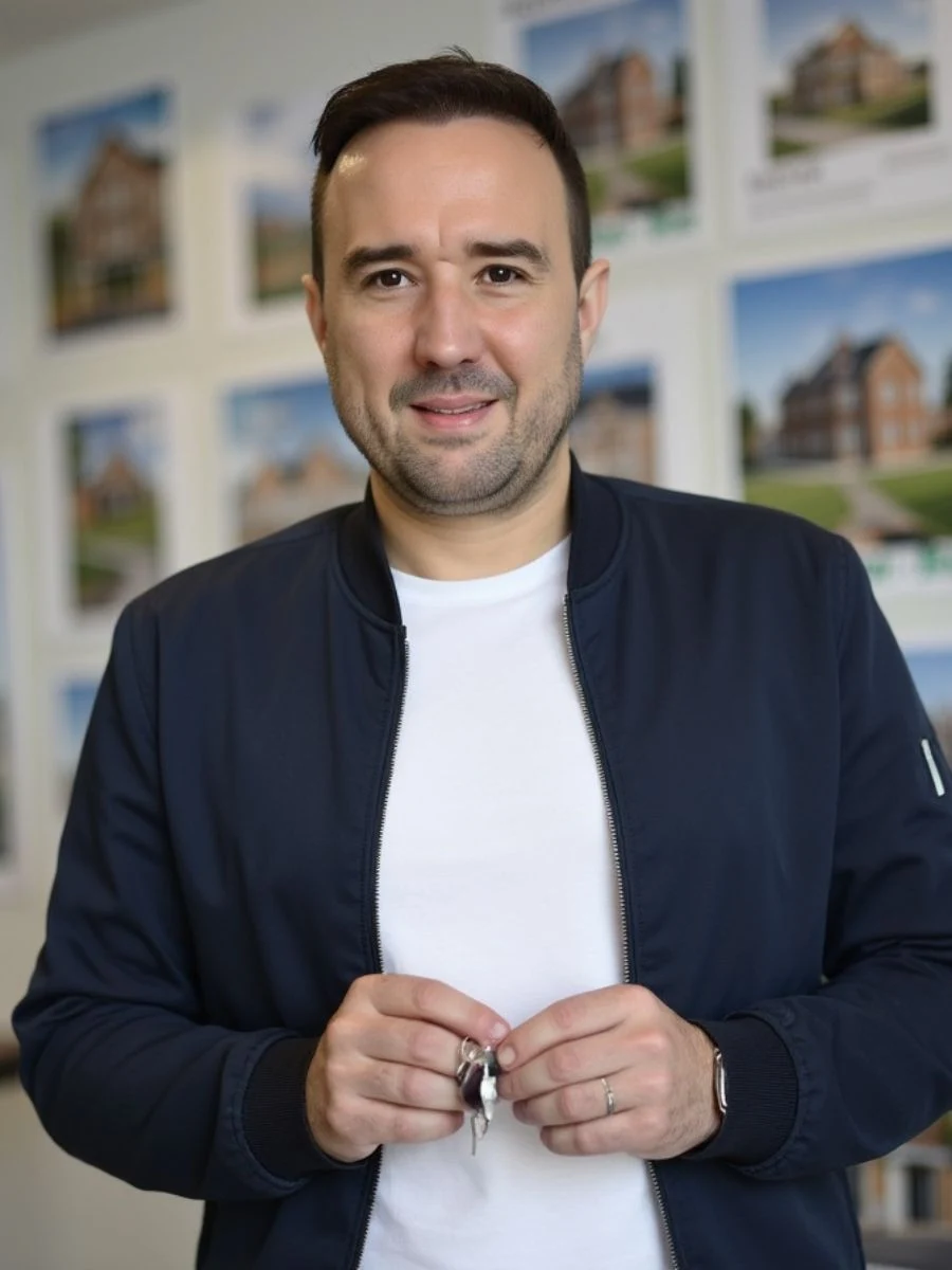 Christian Gottschling vor einer Wand mit Immobilienfotos.